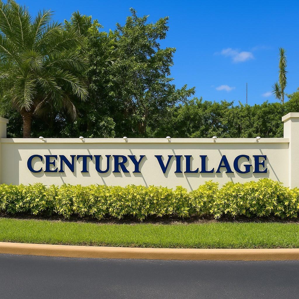 A beige monument sign with the words Century Village stands before green trees and palms — 104 E Windsor E # 104, West Palm Beach FL 33417, WEST PALM BEACH, FL