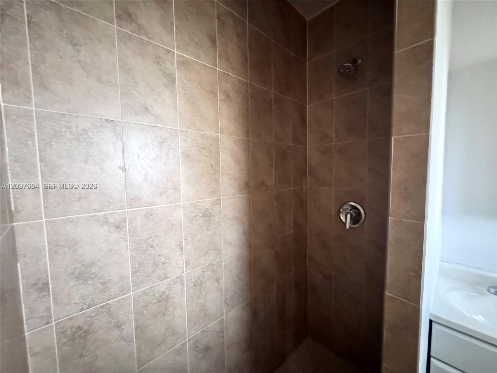 A walk-in shower features brown square wall tiles and a chrome shower head and handle — 8440 NE 1st Ave # 2, Miami FL 33138, MIAMI, FL