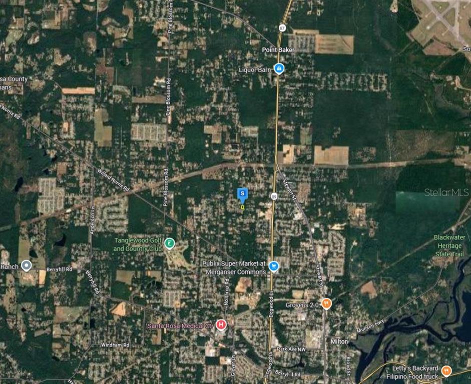 This is a satellite map view of a residential area in Milton, Florida — 6195 KIRBY STREET, MILTON, FL
