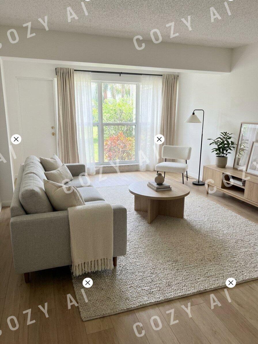 A bright living room features a light gray sofa, round coffee table, and large window — 1360 NW 19th Terrace # 101, Delray Beach FL 33445, DELRAY BEACH, FL