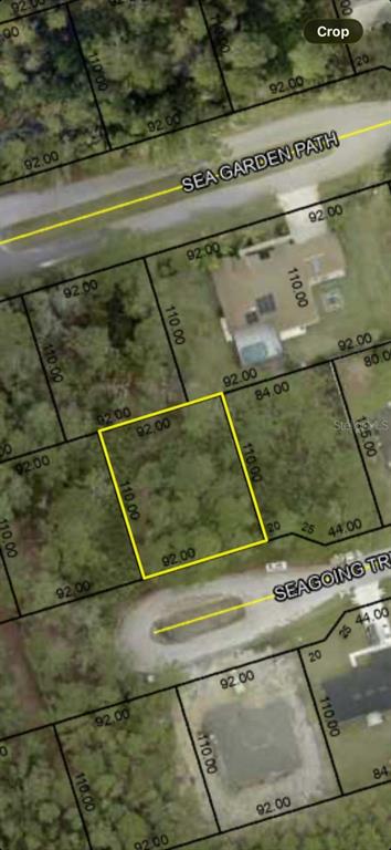 This is a satellite map showing a vacant rectangular lot highlighted in yellow — 36 SEAGOING TRAIL, PALM COAST, FL