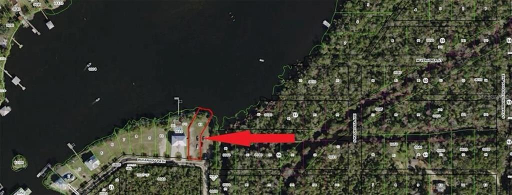 This is an aerial map showing a waterfront property lot outlined in red — 10863 W XANADU PATH, HOMOSASSA, FL