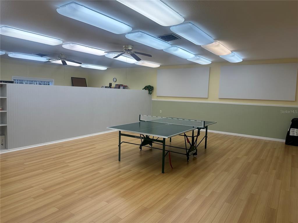 A game room features a ping pong table, wood-look flooring, and multiple ceiling light fixtures — 670 DELPHINIUM DRIVE, VENICE, FL