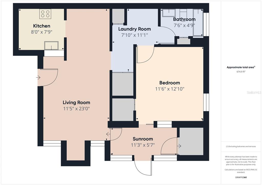 This is a floor plan showing the layout of a one-bedroom apartment with a sunroom — 2049 SAN MARCOS DRIVE SE UNIT 127, WINTER HAVEN, FL