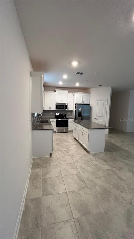 A kitchen features white cabinets, stainless steel appliances, and a large island with granite countertops — 913 LAUREL VIEW WAY, GROVELAND, FL