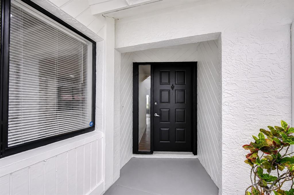 A black front door with a side window sits on a covered porch with white walls — 16131 GARDENDALE DRIVE, TAMPA, FL
