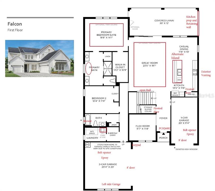 This is a floor plan for the first level of a house named Falcon — 1460 STONECLIFF DRIVE, APOPKA, FL