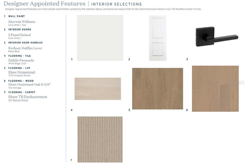 This image displays a list of interior design finishes including paint, doors, hardware, and flooring options — 1460 STONECLIFF DRIVE, APOPKA, FL