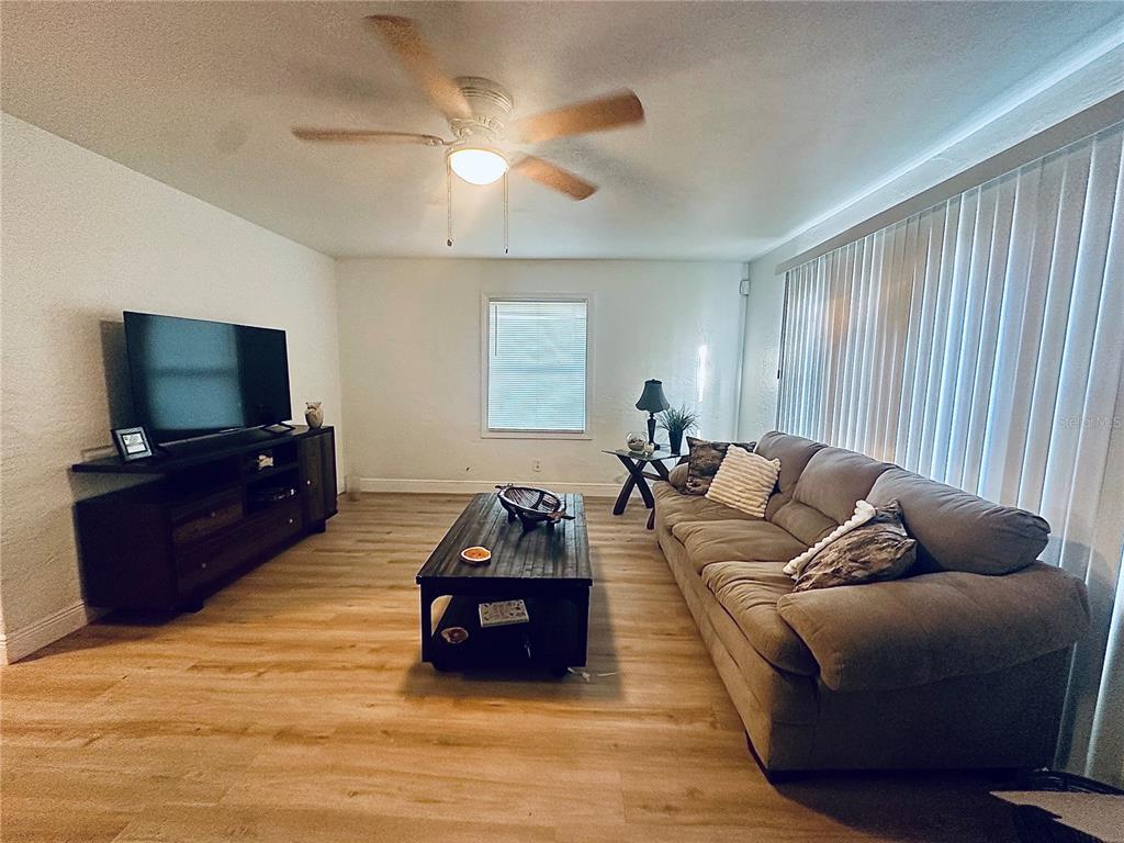 A living room features light wood-look flooring, a gray sofa, a coffee table, and a television — 4811 EMERSON AVENUE S, ST PETERSBURG, FL