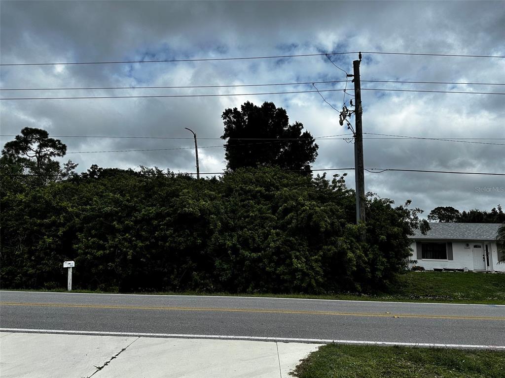 A view of a roadside lot with dense vegetation, a utility pole, and a nearby house — 21216 QUESADA AVENUE, PORT CHARLOTTE, FL