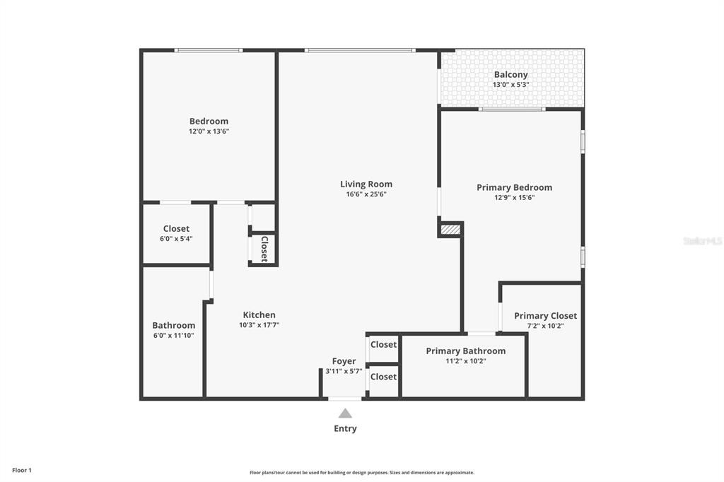 This is a floor plan showing a two-bedroom apartment with a balcony and two bathrooms — 5220 BRITTANY DR S UNIT 901, ST PETERSBURG, FL