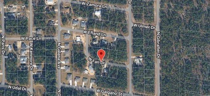 This is an aerial map view of a residential neighborhood with vacant lots and houses — 1204 W FAN DRIVE, CITRUS SPRINGS, FL