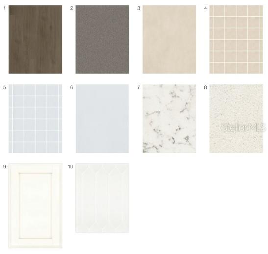 This image is a digital rendering showing ten different material and finish samples for home interiors — 5412 GUNWALE DRIVE, COCOA, FL