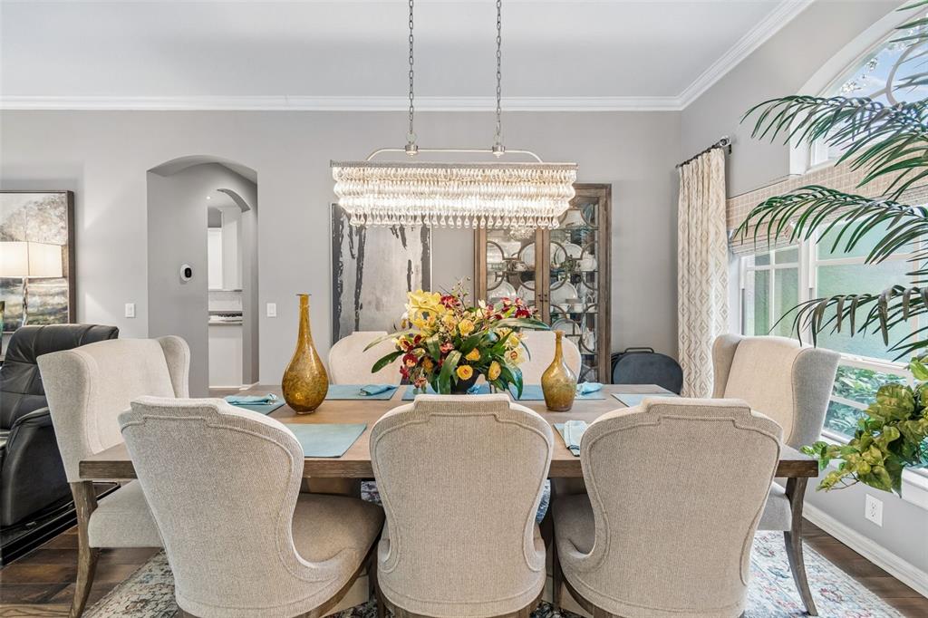 A dining room features a rectangular wooden table, upholstered chairs, and a crystal chandelier — 2005 WEXFORD GREEN DRIVE, VALRICO, FL