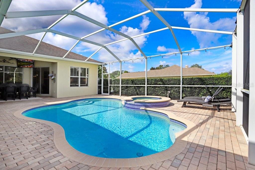 A screened-in patio features a swimming pool, a raised spa, and lounge chairs — 7709 KENIA MEADOWS LANE, ODESSA, FL