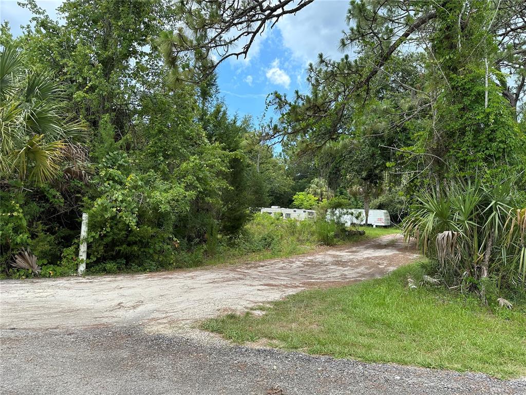 A dirt driveway leads into a wooded lot with two parked travel trailers — 7435 W LINCOLN LANE, HOMOSASSA, FL