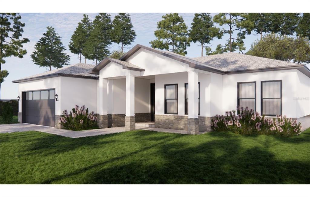 This is a digital rendering of a single-story house with white stucco and stone siding — 9574 HONEYMOON DRIVE, PORT CHARLOTTE, FL