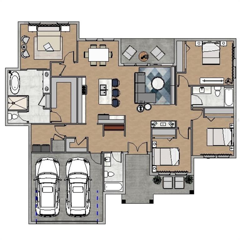 This floor plan shows a three-bedroom, two-bathroom house with an open living area and garage — 9574 HONEYMOON DRIVE, PORT CHARLOTTE, FL