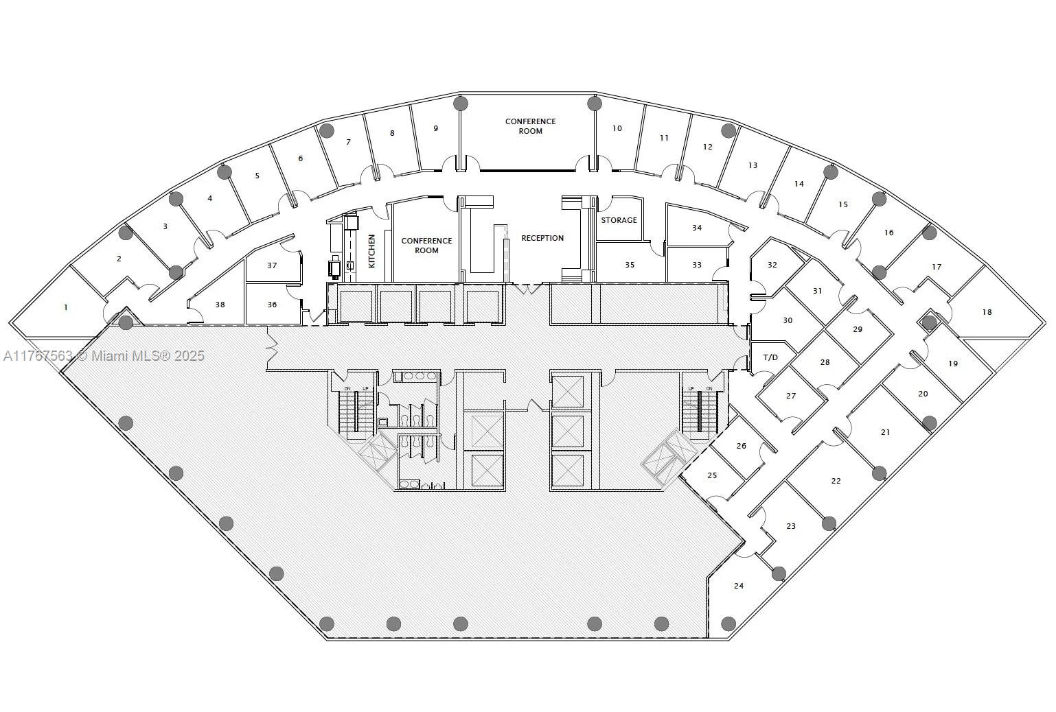 This is a floor plan of a commercial office space with numerous individual rooms — 100 SE 2 ST # 2000, Miami FL 33131, MIAMI, FL