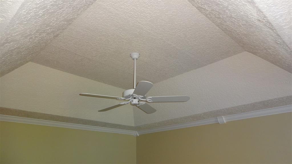 A white ceiling fan is mounted to a textured tray ceiling above beige walls — 1144 DELANEY AVENUE UNIT 1144, ORLANDO, FL