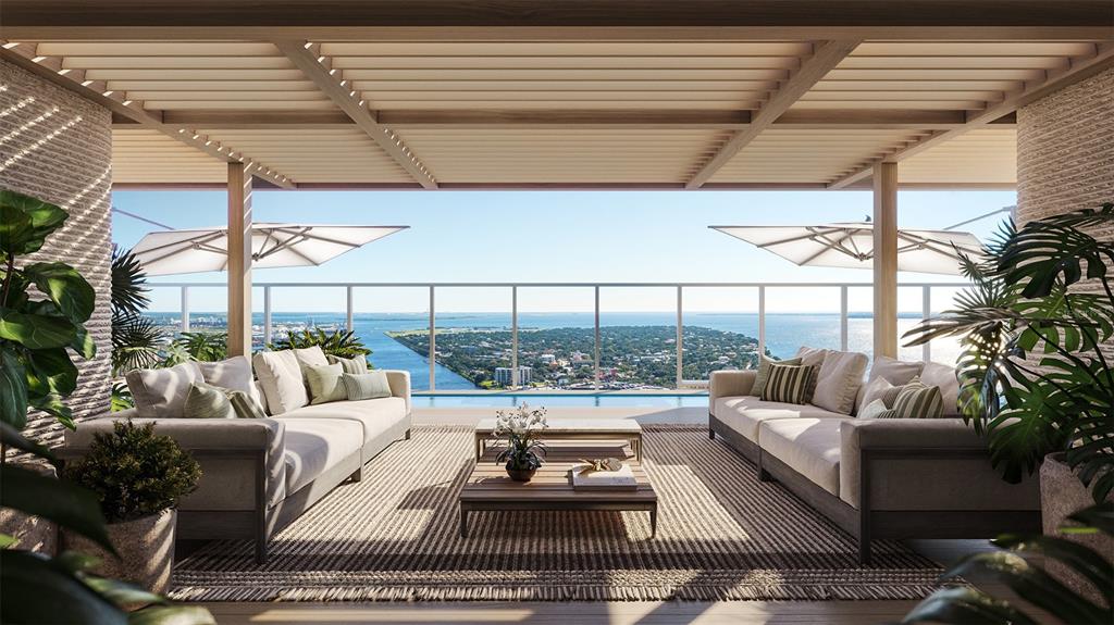 This rendering shows a luxury outdoor terrace with two sofas, a coffee table, and pool — 111 S ASHLEY DRIVE UNIT PH SOUTH, TAMPA, FL