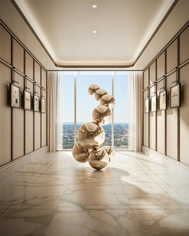 This rendering shows a modern hallway with marble floors, wood-paneled walls, and a spherical sculpture — 111 S ASHLEY DRIVE UNIT PH SOUTH, TAMPA, FL