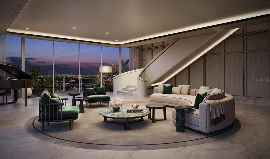 This rendering shows a modern living room with a curved sofa, staircase, and floor-to-ceiling windows — 111 S ASHLEY DRIVE UNIT PH SOUTH, TAMPA, FL