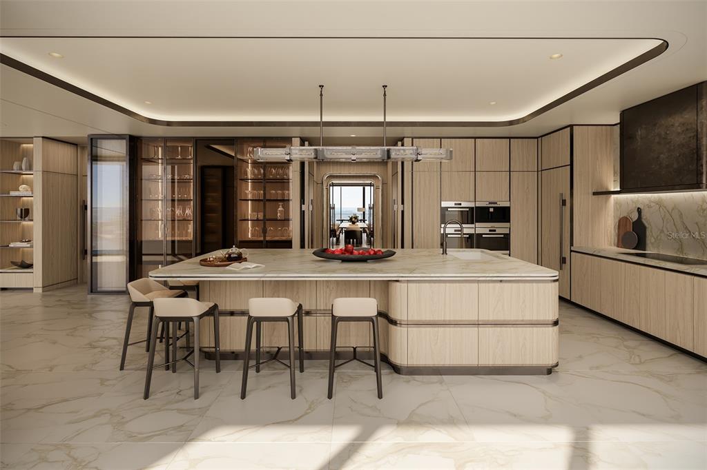 This is a rendering of a modern kitchen featuring a large marble island and light wood cabinetry — 111 S ASHLEY DRIVE UNIT PH SOUTH, TAMPA, FL