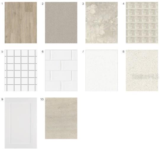This image shows a grid of ten material samples for home interior finishes — 7427 MOONBEAM AVENUE, SARASOTA, FL