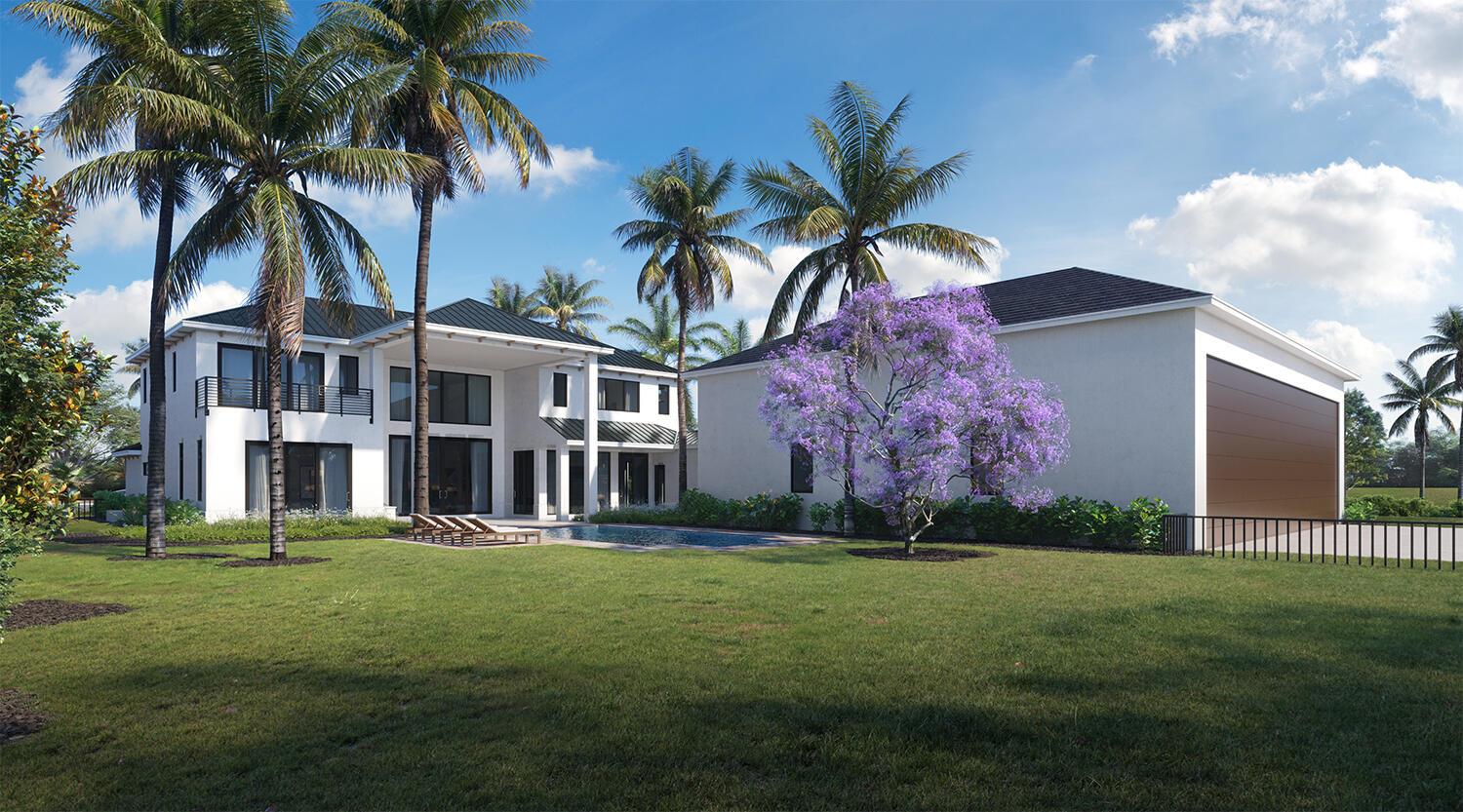 This architectural rendering shows a modern two-story house with a pool and a detached garage — 2840 Greenbriar Boulevard, Wellington FL 33414, WELLINGTON, FL