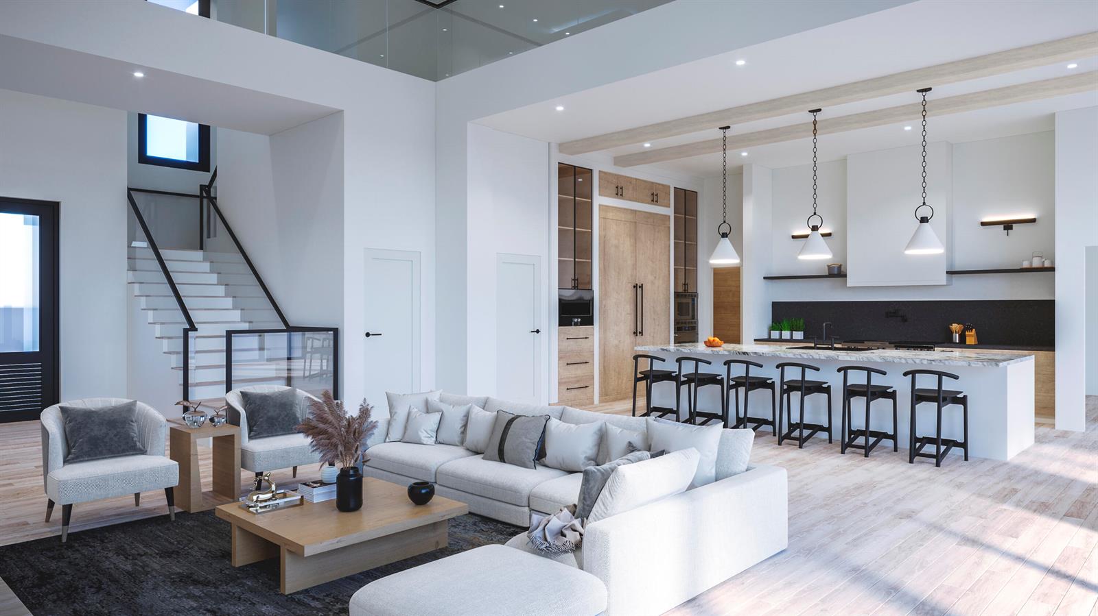 This is a rendering of an open-concept living room and kitchen with modern neutral finishes — 2840 Greenbriar Boulevard, Wellington FL 33414, WELLINGTON, FL