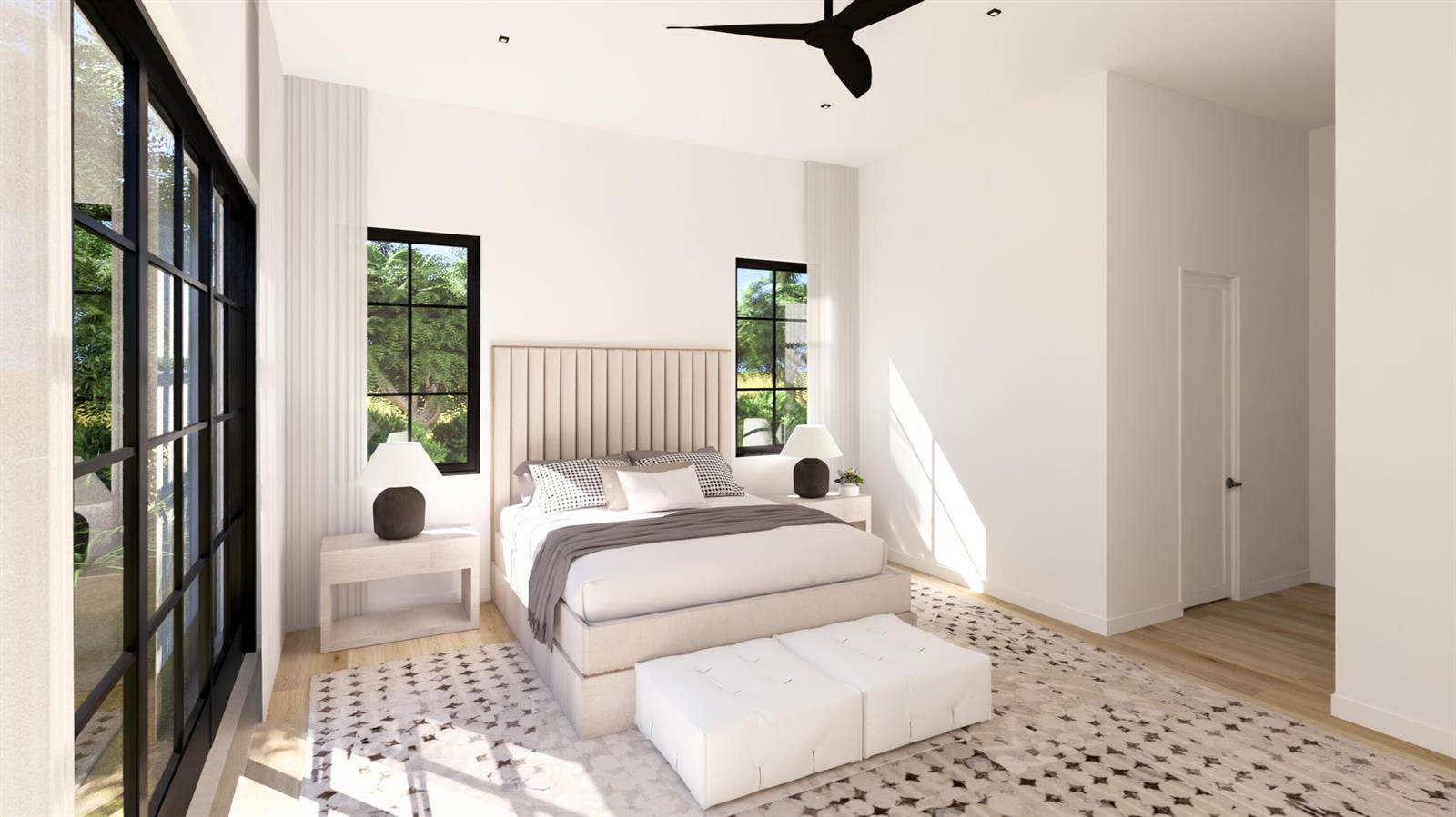 This rendering shows a modern bedroom with a tufted headboard, two windows, and white furniture — 2840 Greenbriar Boulevard, Wellington FL 33414, WELLINGTON, FL