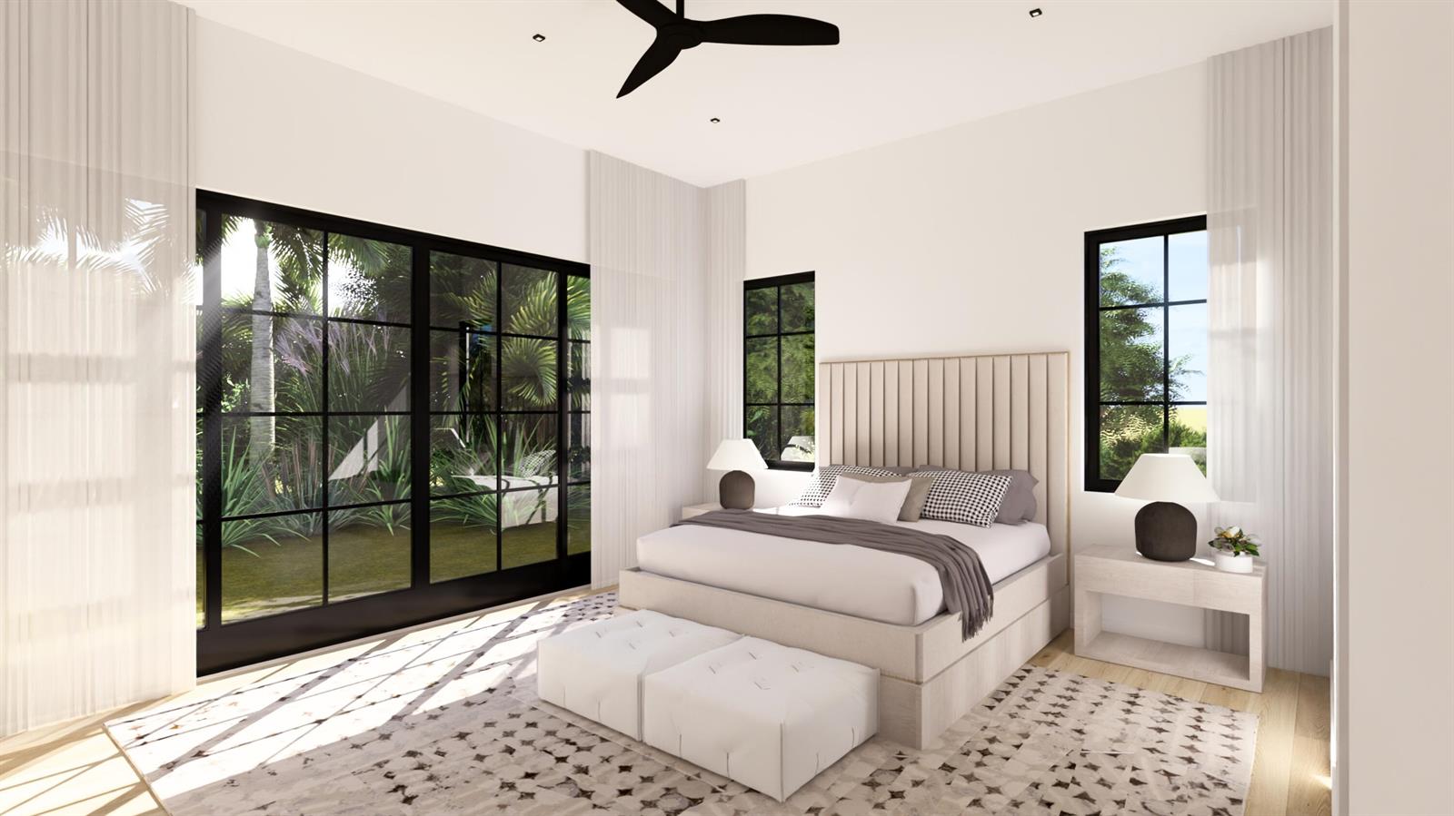 This rendering shows a modern bedroom with a tufted headboard, large windows, and outdoor greenery — 2840 Greenbriar Boulevard, Wellington FL 33414, WELLINGTON, FL