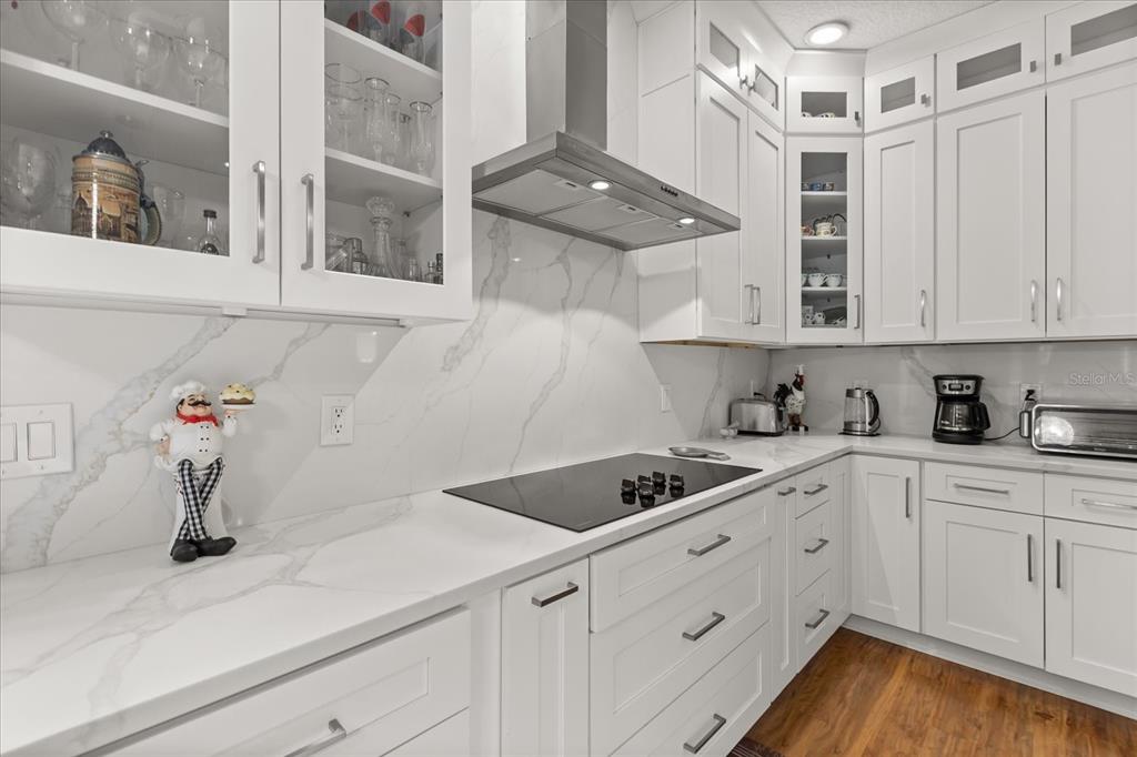 A modern kitchen features white shaker cabinets, a marble-patterned backsplash, and a stainless steel hood — 10180 CYPRESS VINE DRIVE, ORLANDO, FL