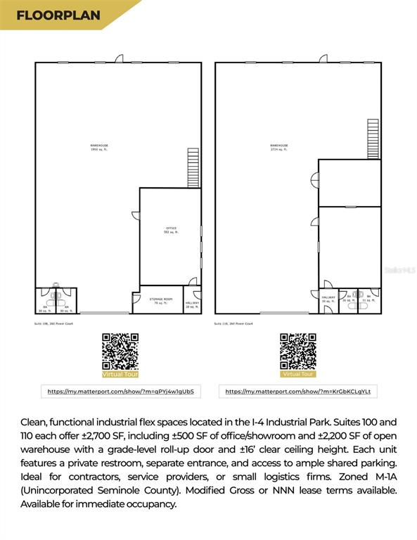 This image displays two floor plans for industrial flex spaces with warehouse and office areas — 260 POWER COURT UNIT 100-150, SANFORD, FL