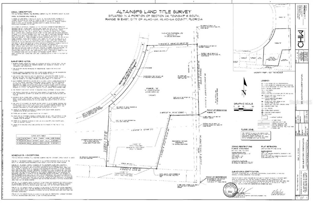 This is a land title survey map showing property boundaries, easements, and legal descriptions — 13545 RESEARCH CIRCLE, ALACHUA, FL