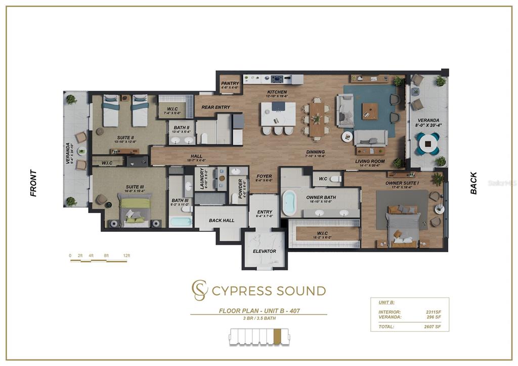 This floor plan shows a three-bedroom, three-and-a-half-bath residential unit with two verandas and an elevator — 10009 CRISBERT CT ROAD UNIT 407B, ORLANDO, FL