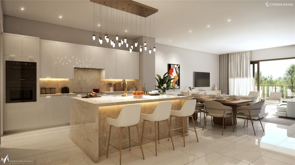 This rendering shows a modern open-concept kitchen and dining area with white cabinetry and marble — 10009 CRISBERT CT ROAD UNIT 407B, ORLANDO, FL