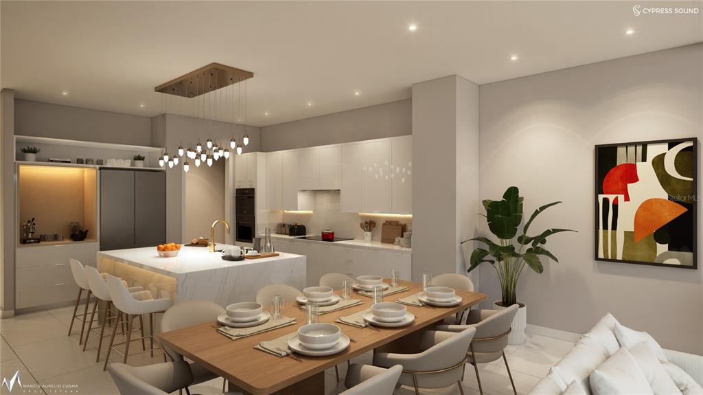This is a rendering of a modern kitchen and dining area with white cabinetry — 10009 CRISBERT CT ROAD UNIT 407B, ORLANDO, FL
