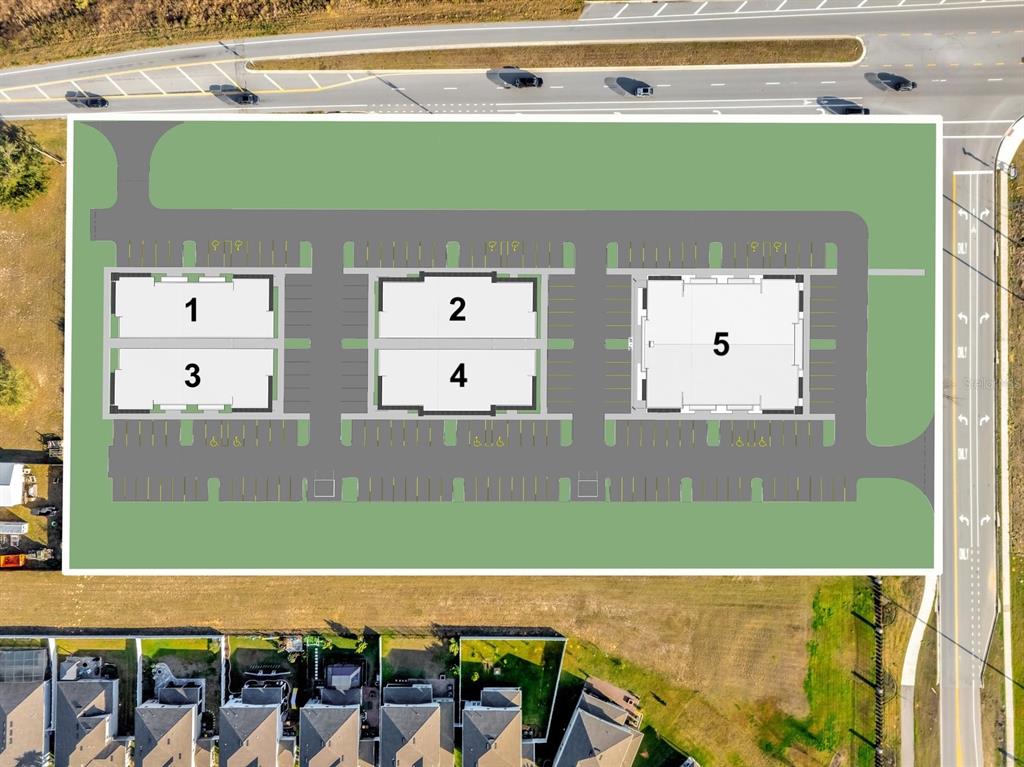 This is a site plan rendering showing five commercial building footprints with surrounding parking lots — 17215 GRASSY LAKE ROAD, MINNEOLA, FL