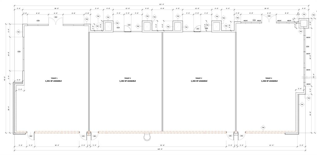 This floor plan shows four commercial tenant spaces with individual square footage measurements — 17215 GRASSY LAKE ROAD, MINNEOLA, FL