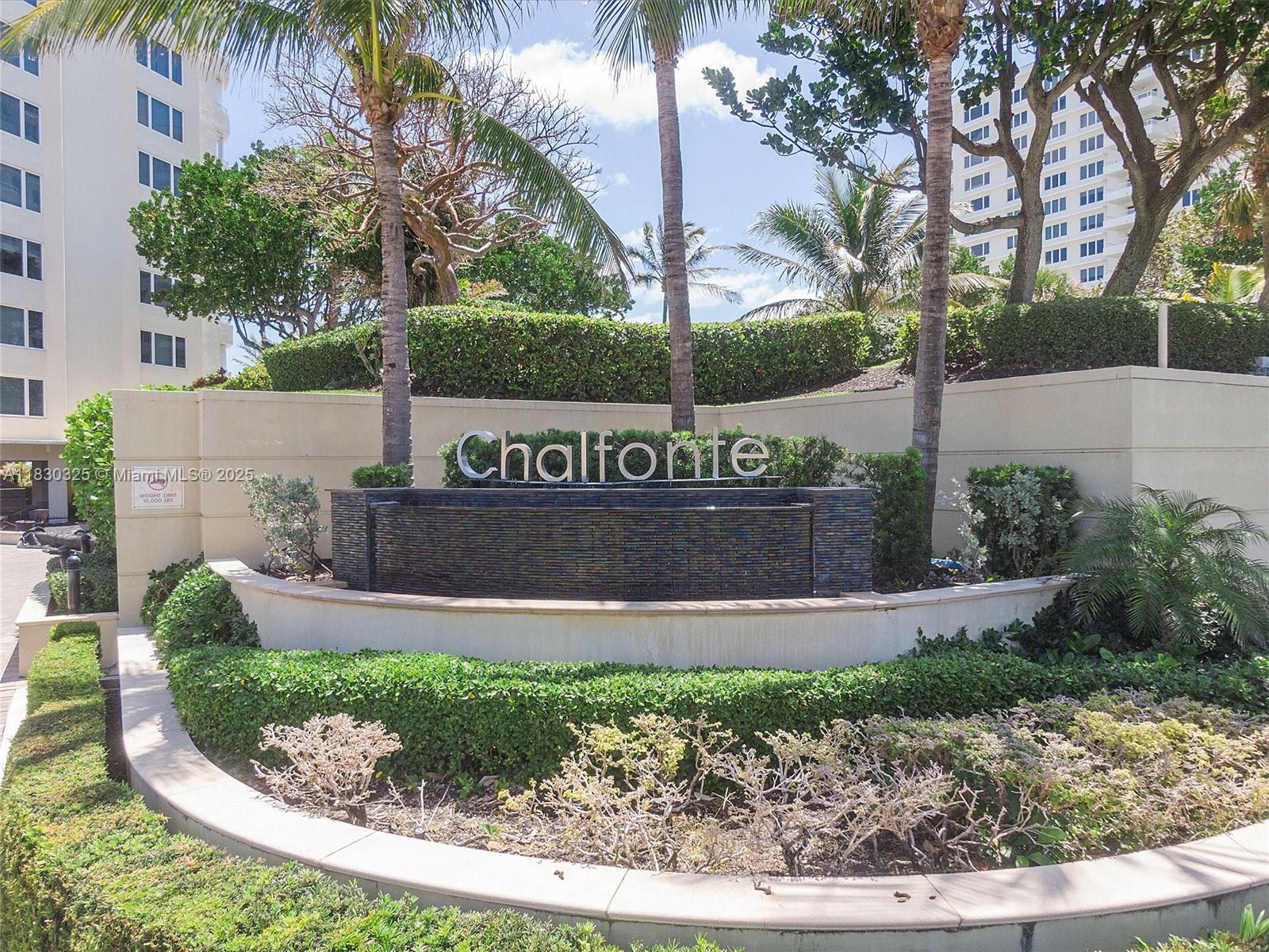A sign reading Chalfonte sits in front of a tiered fountain and palm trees — 550 S Ocean Blvd # 1509, Boca Raton FL 33432, BOCA RATON, FL