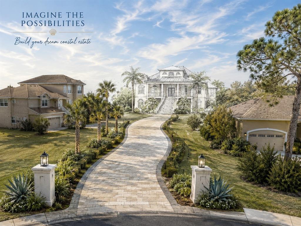A digital rendering of a large coastal-style house sits at the end of a paved driveway — 3046 SHEPPARDS CROOK CT, HOLIDAY, FL