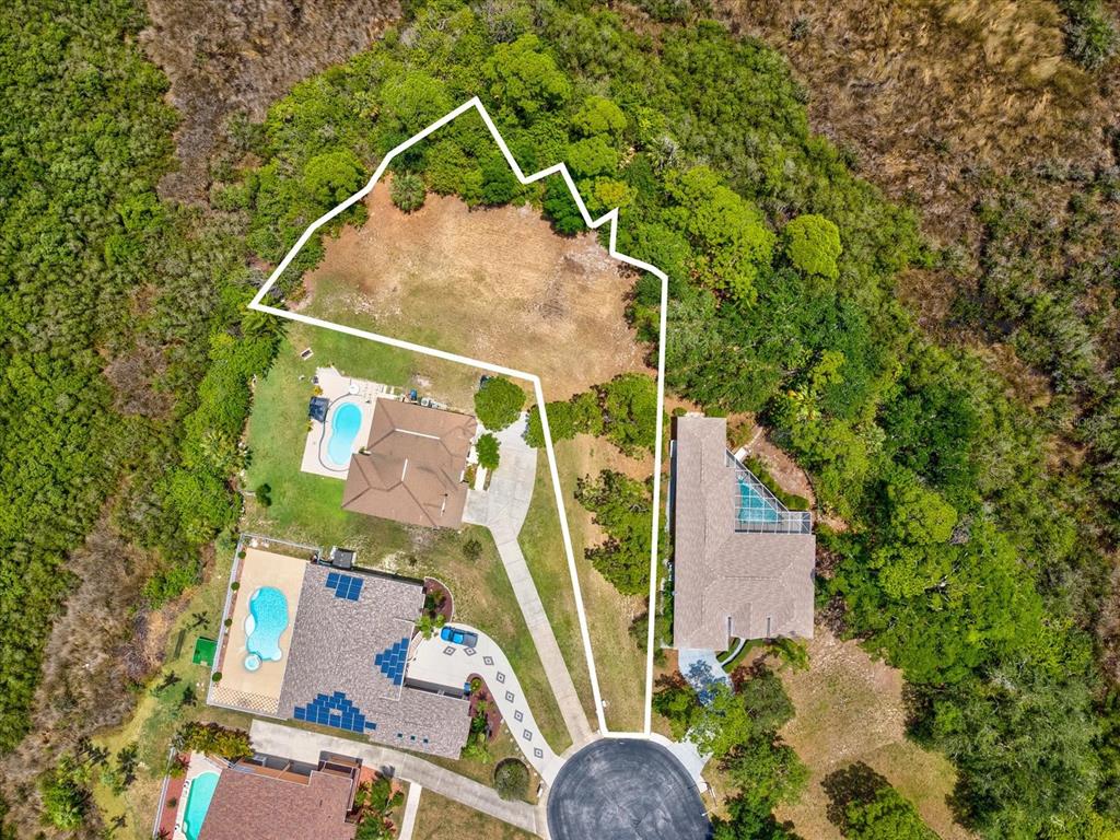 An aerial view shows a residential lot with a large, cleared area and surrounding trees — 3046 SHEPPARDS CROOK CT, HOLIDAY, FL
