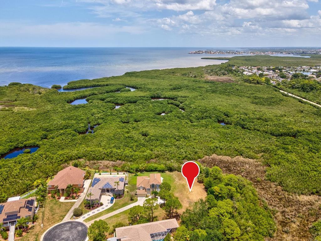 An aerial view shows a vacant residential lot next to houses near a coastal forest — 3046 SHEPPARDS CROOK CT, HOLIDAY, FL