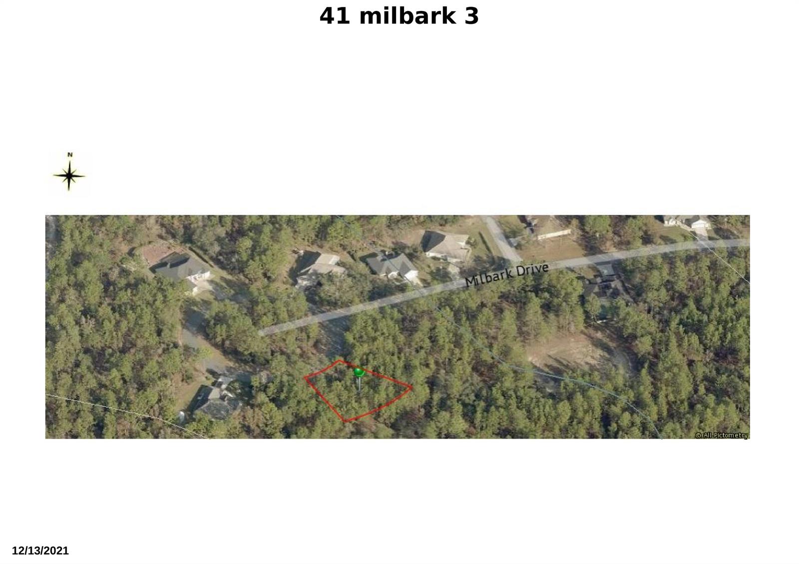 This aerial map shows a wooded residential lot outlined in red near Milbark Drive — 41 Milbark Drive, FL 34446, FL