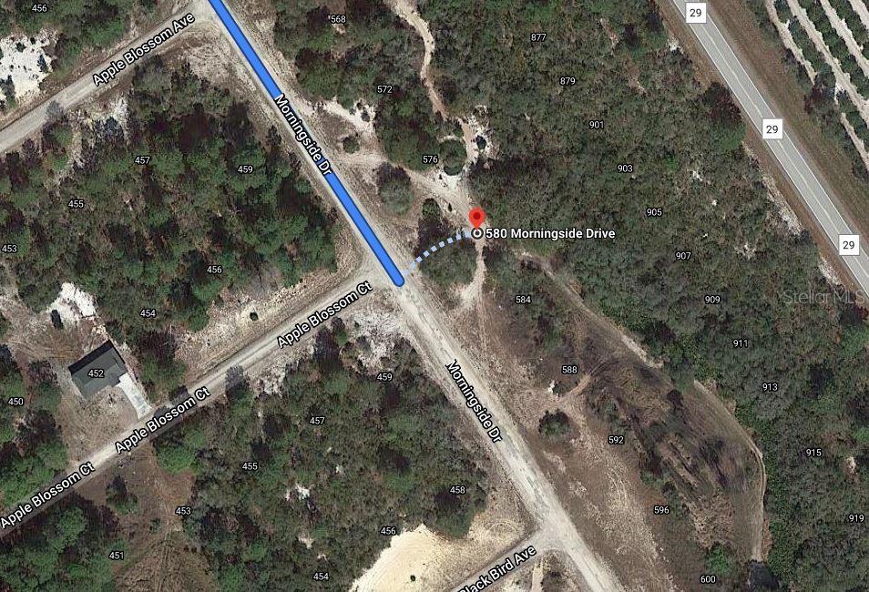 This is an aerial map showing the location of a property at a road intersection — 580 MORNINGSIDE DRIVE, LAKE PLACID, FL
