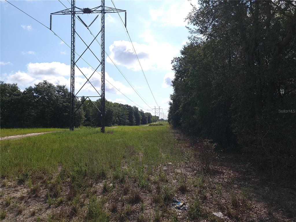 A large metal electrical transmission tower stands in a grassy field bordered by trees — Lot 20 SE FISHER LANE PASS, OCKLAWAHA, FL
