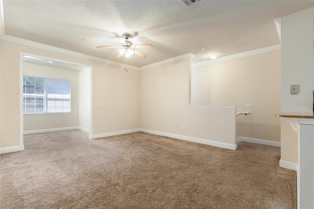 A carpeted living room features a ceiling fan, neutral walls, and an adjacent dining area — 417 SOUTHERN PECAN CIRCLE UNIT 202, WINTER GARDEN, FL