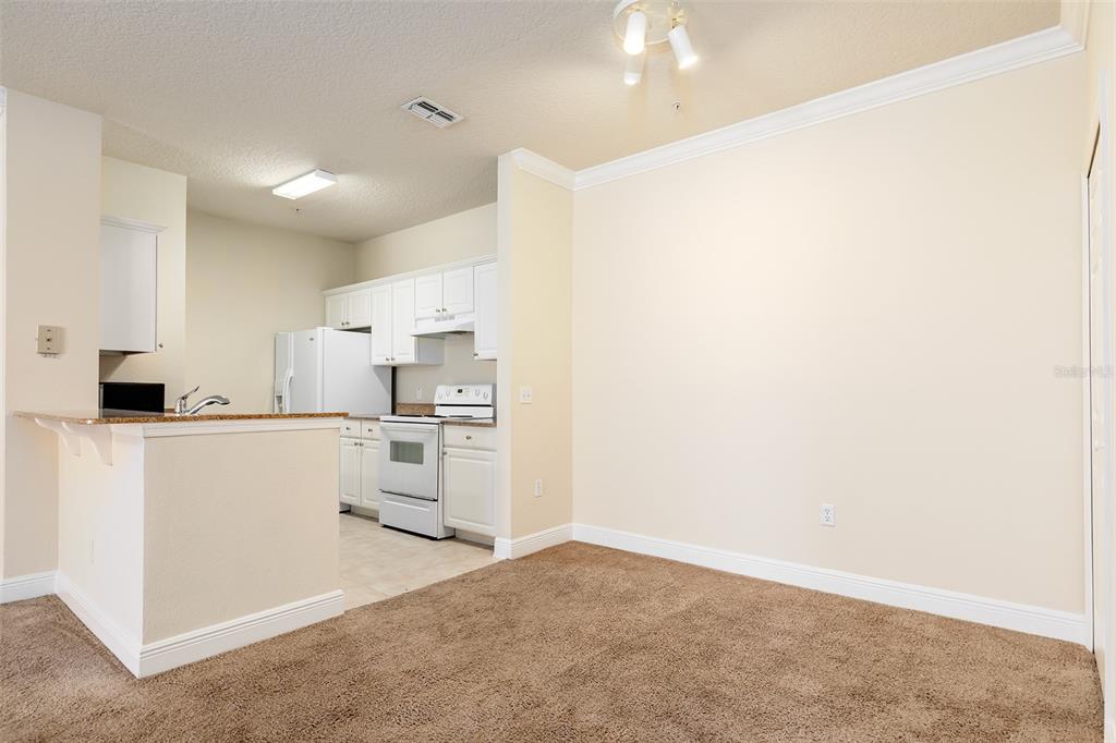 A carpeted dining area opens to a kitchen with white cabinets and granite countertops — 417 SOUTHERN PECAN CIRCLE UNIT 202, WINTER GARDEN, FL